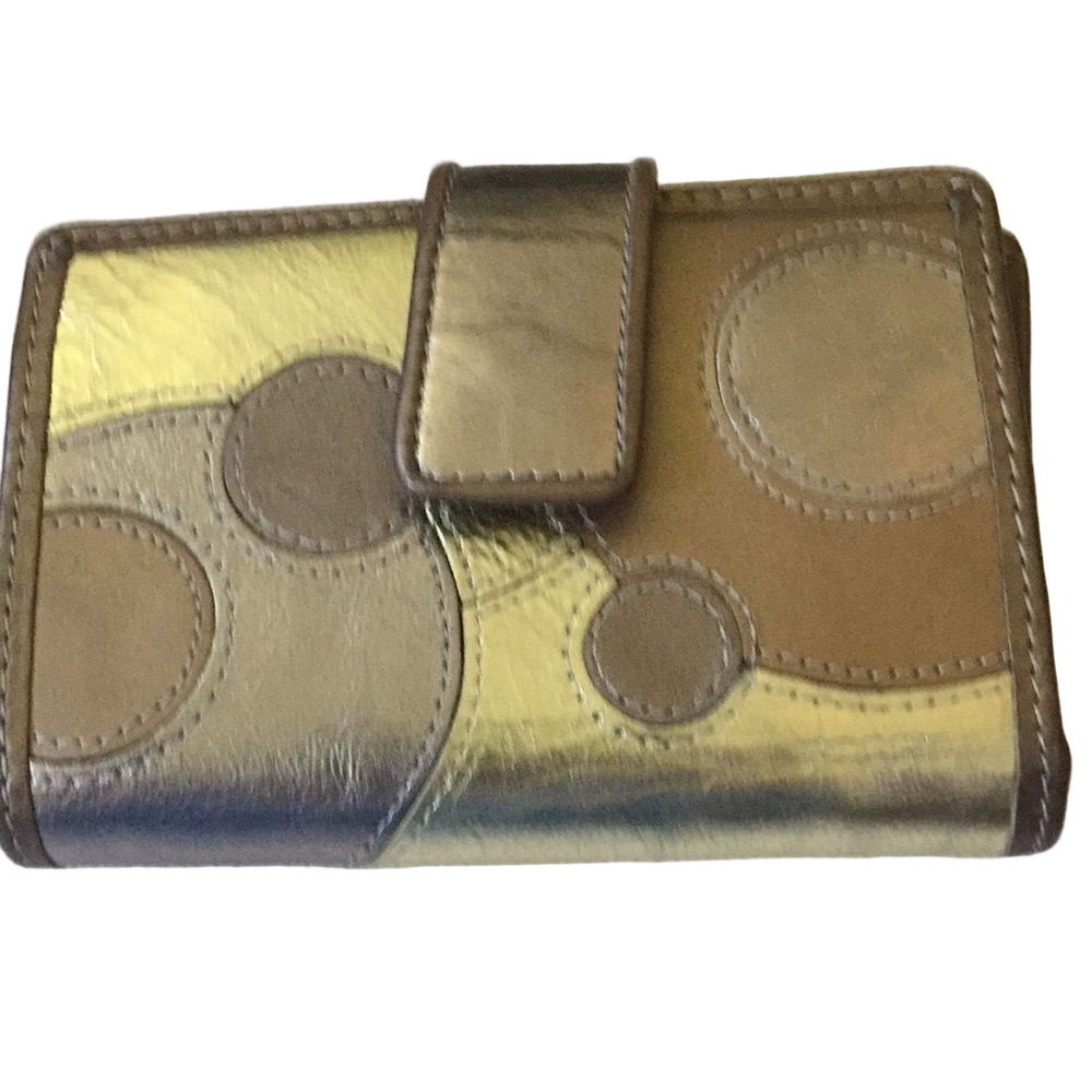 Fossil Vintage bifold leather wallet gold gray tan metallic circles Fairycore